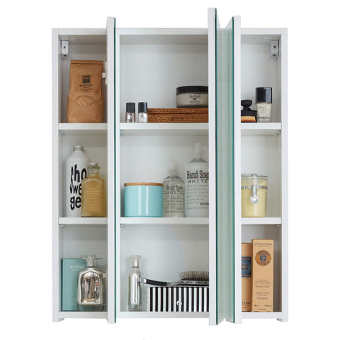 Rootz Bathroom Mirror Cabinet - Vanity Organizer - Storage Mirror - Wall-Mounted Cabinet - 3-Door Mirror - Glossy Finish - White - 60 x 74 x 18 cm