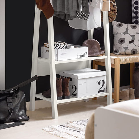 Rootz White Modern Clothes Rail Stand Rack with Two Storage Shelves - Wood Coat Rack Hanging Rail - W66 x D39 x H180cm