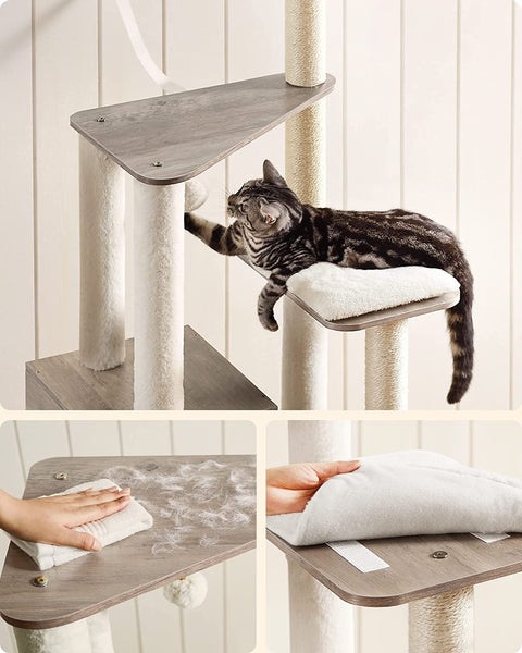 Rootz Scratching Post - Cat House - Cat Cave - With Toy Ball - Cat Tree - Greige - 58 x 40 x 165 cm (L x W x H)