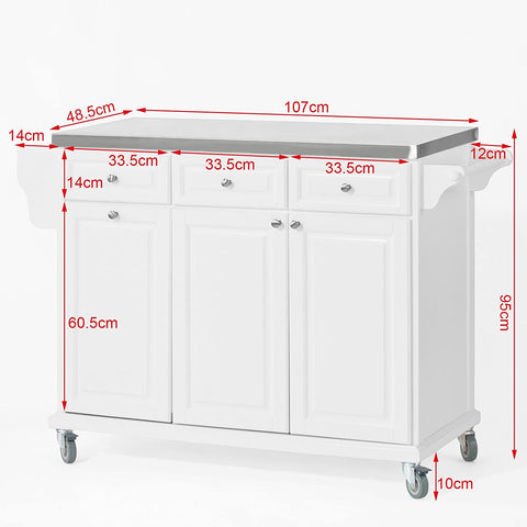 Rootz Luxury Kitchen Trolley with Large Storage Cabinet - Kitchen Island with Stainless Steel Worktop
