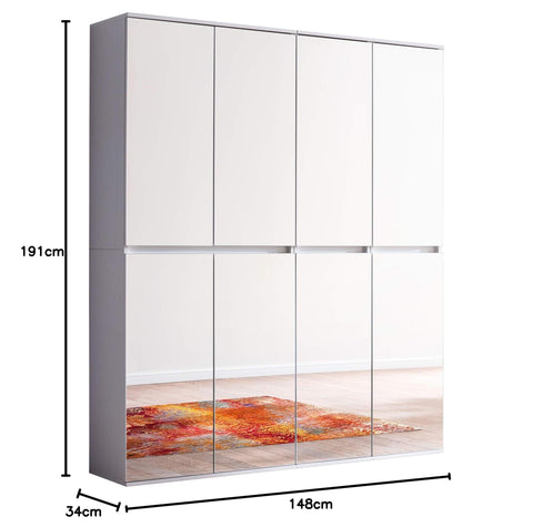 Rootz Wardrobe with Mirror - Closet - Storage Cabinet - Armoire - Clothes Organizer - Dressing Unit - White Melamine - 148 x 191 x 34 cm