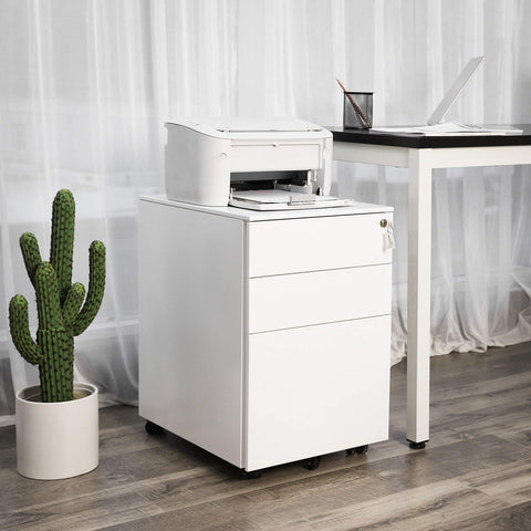 Rootz Lockable office cabinet with hanging file - Under desk with 3 drawer - Pre-assembled - For files and documents - White (52 x 39 x 60 cm)