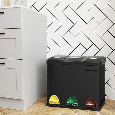 Rootz Trash can - 24 L - 3-in-1 - Pedal bin - Waste separation - Steel - Inner bin - Black - 46.5 x 29.5 x (40.5-65) cm