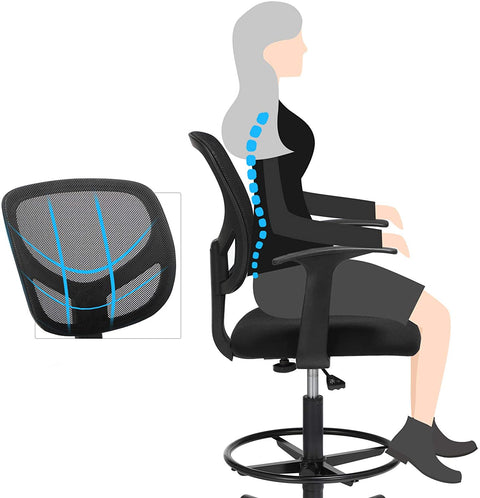 Rootz Office chair - Swivel chair - Work stool - Ergonomic - Armrests - Height Adjustable - Footrest - Black - Plastic - Fabric - 64 x 64 x 97-117 cm