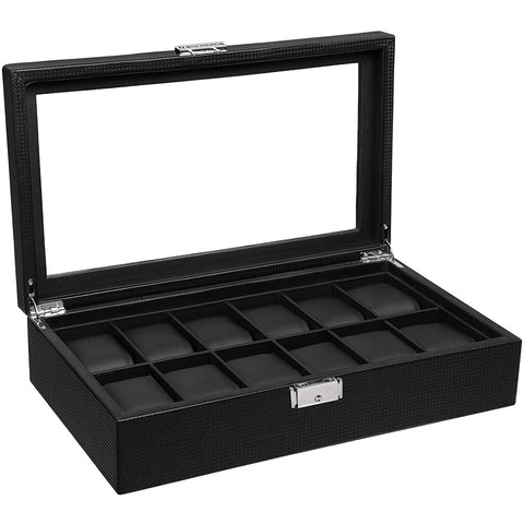 Rootz Watch Box - Watch Storage - 12 Compartimenten - Fluweel - PU - Metalen Gesp - Zwart - 36,2 X 9 X 21,3 cm