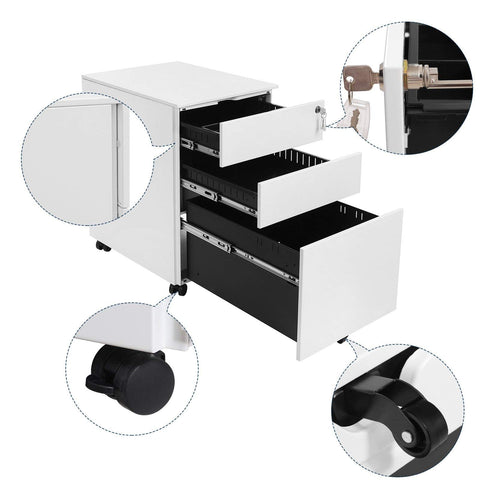 Rootz Lockable office cabinet with hanging file - Under desk with 3 drawer - Pre-assembled - For files and documents - White (52 x 39 x 60 cm)
