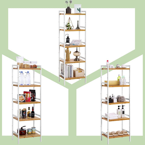 Rootz Shelving Unit - Storage Rack - Kitchen Cabinet - Bamboo - White - Beige - 5 Levels - 45 x 31.5 x 142 cm