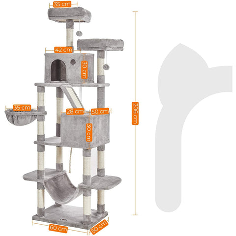 Rootz Scratching Post - Cat Tree - Cat Caves - Hammock - Gray - Beige - Hammock - 7 Levels - 60 x 50 x 206 cm