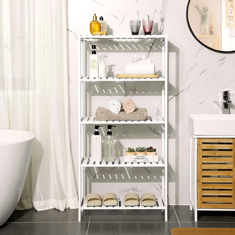 Rootz Bathroom Cabinet - Storage Cabinet - 5 Levels - Bamboo - Height Adjustable - White - 60 x 26 x 130 cm