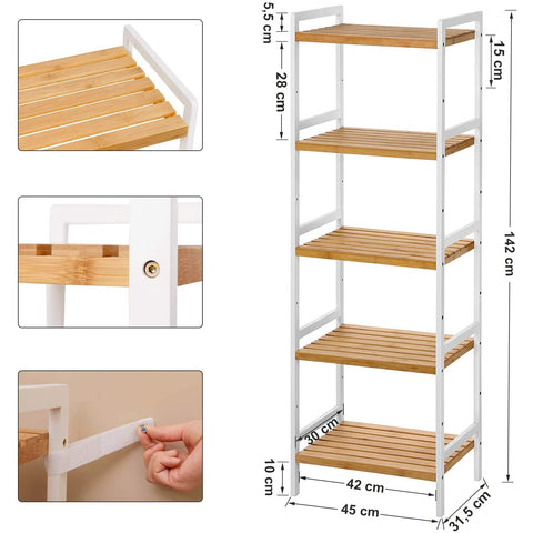Rootz Shelving Unit - Storage Rack - Kitchen Cabinet - Bamboo - White - Beige - 5 Levels - 45 x 31.5 x 142 cm