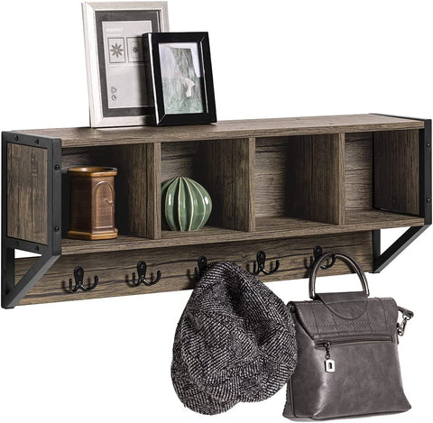 Rootz WallCoat Rack - Wall Shelf Hook - Rack with 4 Compartments and 5 Hooks - W73 x D16 x H28cm