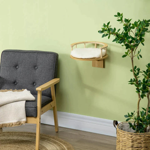 Rootz Wall Lounger - Cat Bed - With Protective Border - Lounger Cushion - For Wall Mounting - Oak + Cream White - 34 x 34 x 10.5 cm