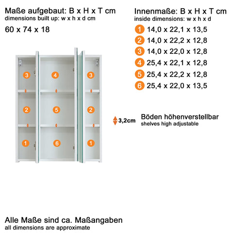 Rootz Bathroom Mirror Cabinet - Vanity Organizer - Storage Mirror - Wall-Mounted Cabinet - 3-Door Mirror - Glossy Finish - White - 60 x 74 x 18 cm