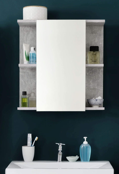Rootz Lighted Mirror Cabinet - Reflective Storage - Illuminated Vanity - Lit Bathroom Unit - Wall Mirror Locker - Glowing Cabinet - Concrete Stone Melamine - 60x62x20cm
