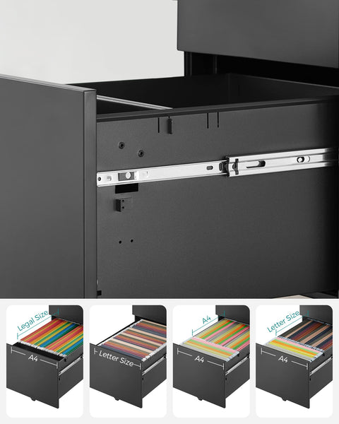 Rootz Steel Rolling Cabinet with 3 Drawers - Hanging File Lockable Office Cabinet - 52 x 39 x 60 cm