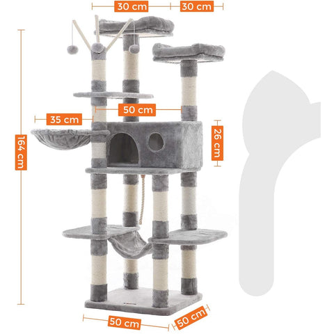 Rootz Cat Tree - Scratching Post - Hammock - Cat Cave - 6 Levels - Gray - Beige - 50 x 50 x 164 cm