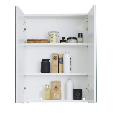 Rootz Bathroom Mirror Cabinet - Wall Storage - Reflective Unit - Vanity Organizer - Bath Fixture - Mirrored Chest - Washroom Cupboard - White High Gloss - 60 x 67 x 18 cm
