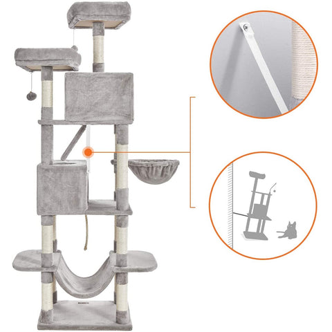 Rootz Scratching Post - Cat Tree - Cat Caves - Hammock - Gray - Beige - Hammock - 7 Levels - 60 x 50 x 206 cm
