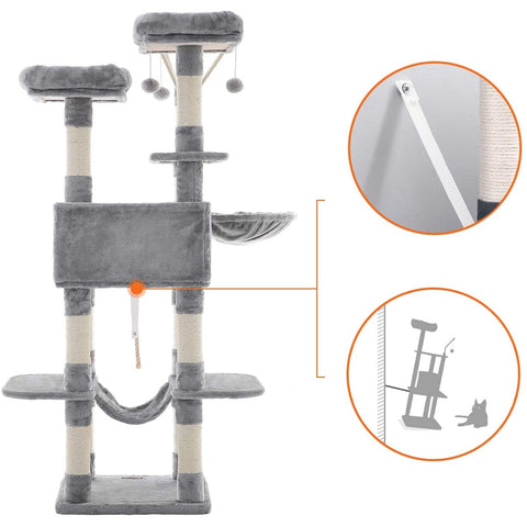 Rootz Cat Tree - Scratching Post - Hammock - Cat Cave - 6 Levels - Gray - Beige - 50 x 50 x 164 cm