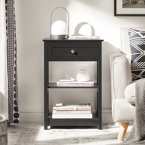 Rootz Side Table - End Table - Coffee Tables - Lamp Table - Bedside Table - Night Stand with 1 Drawer and 2 Shelves - Black