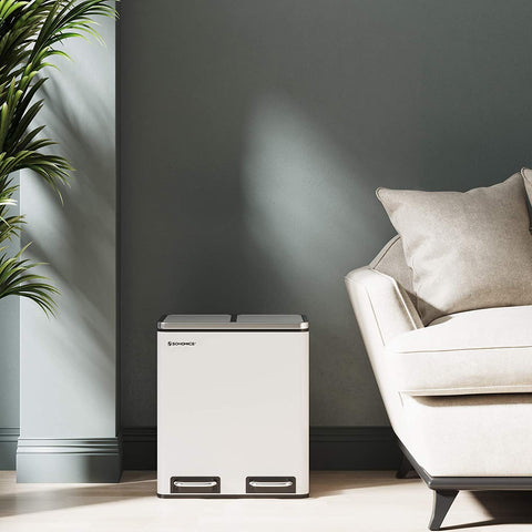 Rootz Trash Can - 30 L - Pedal Bin - Inner Bin - 2x 15 L - Metal - White - Waste Separation - Soft Close - Airtight - 41 x 36 x (47-73.5) cm