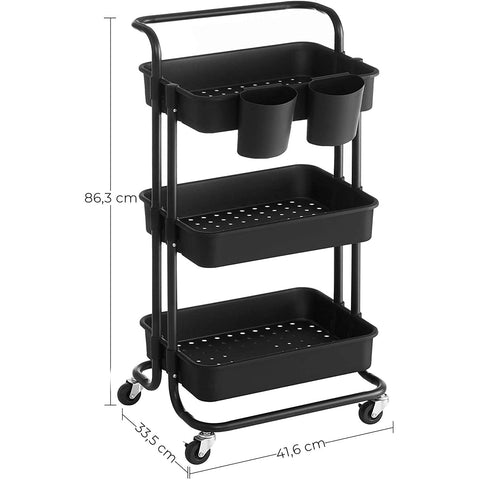 Rootz Kitchen trolley - Kitchen trolley - Serving trolley - 2 Trays - 2 Brakes - Plastic Storage compartments - Black