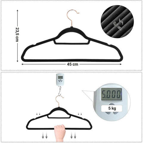 Rootz Velvet Clothes Hanger Set - 30 Pieces - 45 cm - Anti-slip - Trouser Hanger - Clothes Hanger - Black Rose Gold