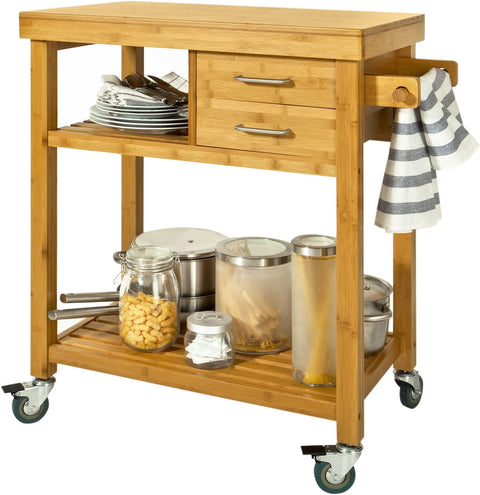 Rootz Bamboe Keukentrolley - Opbergwagen Serveerwagen - Trolley met 2 laden en planken