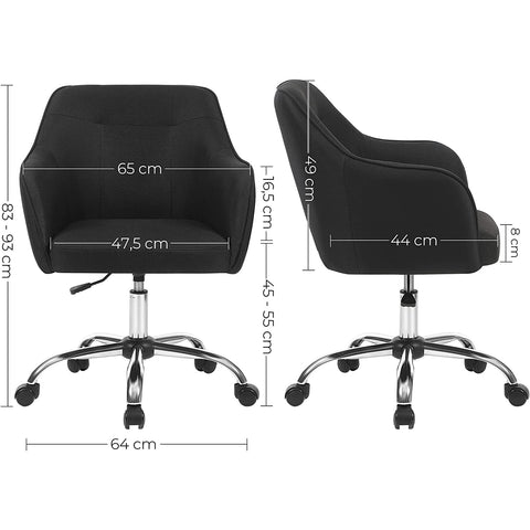 Rootz Office Chair - Swivel Chair - Office Chair - On Wheels - Height Adjustable - Steel - Imitation Linen - Black - Silver - 65 x 69 x (83-93) cm