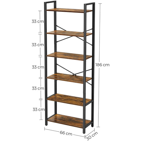 Rootz Bookcase - 6 Levels - Storage Cabinet - Storage Rack - 6 Levels - 186 cm - Brown - Black - Processed Wood - Steel