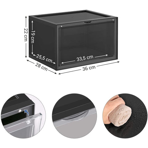 Rootz Shoe Box - Set of 6 - Stackable Shoe Organizer - Shoes up to size 46 - Black/Transparent - 36 x 28 x 22 cm