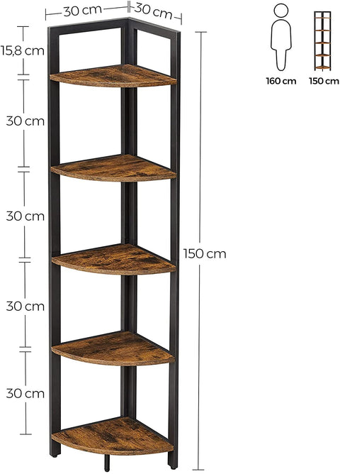 Rootz Corner Cabinet - Bookcase - Shelf - Metal - Processed Wood - Brown - Black - 30 x 30 x 150 cm