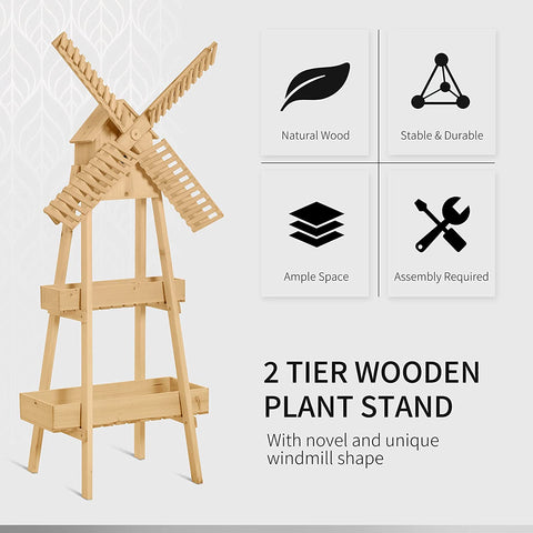 Rootz Plantenstandaard - Houten Plantenrek - Windmolen Bloemenstandaard - Bamboe Bloemenrek - Tuin - Naturel - 80 x 44 x 154 cm