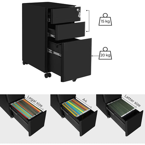 Rootz Scottsbluff File Cabinet - Roll Container - Drawer Cabinet - Wheels - Lock - Documents - Letter Format - Suspension File - Black - Steel - 30 x 46 x 59.2 cm