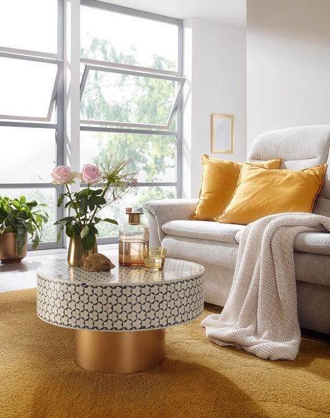 Rootz White Synthetic Resin Coffee Table - Gold Metal Base - Modern Design - Round Living Room Side Table - Small Coffee Table - 60x60x35 cm