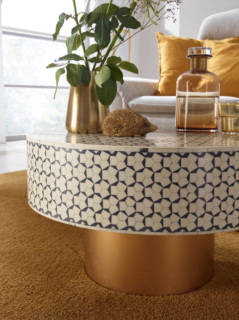 Rootz White Synthetic Resin Coffee Table - Gold Metal Base - Modern Design - Round Living Room Side Table - Small Coffee Table - 60x60x35 cm