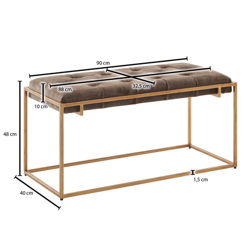 Rootz Bench - Upholstered Hallway Bench with Metal Frame - Chesterfield Design Bed Bench for Bedroom - Modern Hallway/Cloakroom Bench - Velvet Bench Brown - 90x48x40 cm