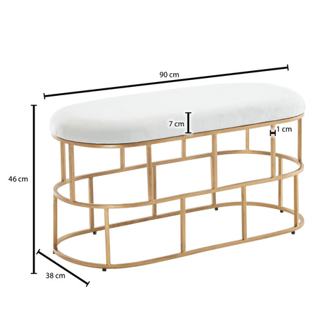 Rootz Bench - Upholstered Hallway Bench with Metal Frame - Design Bed Bench for Bedroom - Modern Hallway/Cloakroom Bench - Velvet Bench White-Gold  - 90x46x38 cm