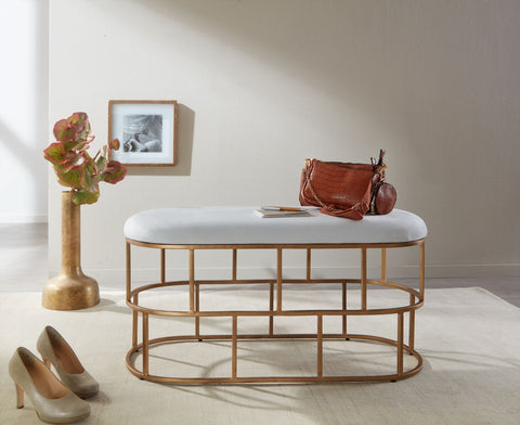 Rootz Bench - Upholstered Hallway Bench with Metal Frame - Design Bed Bench for Bedroom - Modern Hallway/Cloakroom Bench - Velvet Bench White-Gold  - 90x46x38 cm