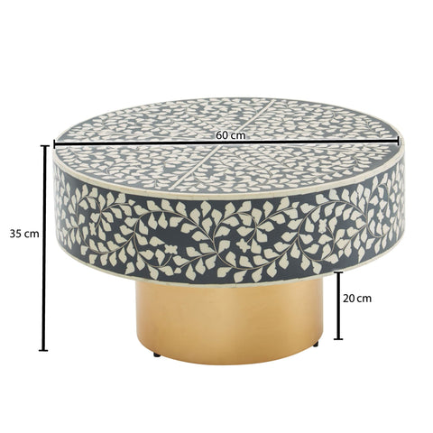 Rootz Coffee Table - Gold Metal Base - Modern Design - Round Living Room Side Table - Gray Synthetic Resin Small Coffee Table - 60x60x35 cm
