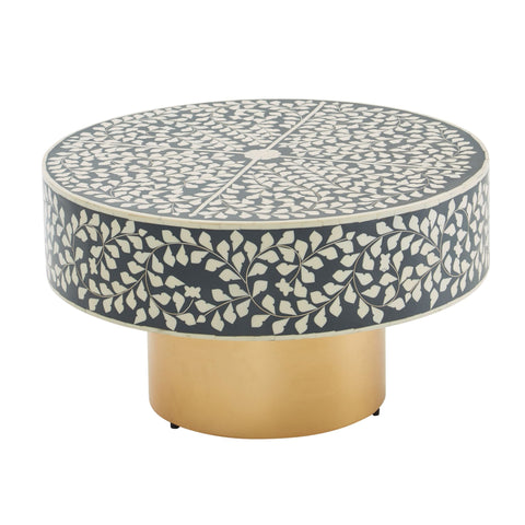Rootz Coffee Table - Gold Metal Base - Modern Design - Round Living Room Side Table - Gray Synthetic Resin Small Coffee Table - 60x60x35 cm