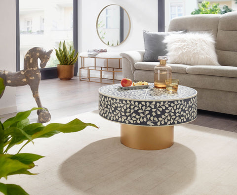 Rootz Coffee Table - Gold Metal Base - Modern Design - Round Living Room Side Table - Gray Synthetic Resin Small Coffee Table - 60x60x35 cm
