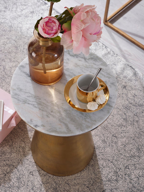 Rootz Wit Marmeren Bijzettafel - Gouden Metalen Onderstel - Ronde Kleine Salontafel - Modern Woonkamermeubilair - Hoge Salontafel - 35x35x45 cm