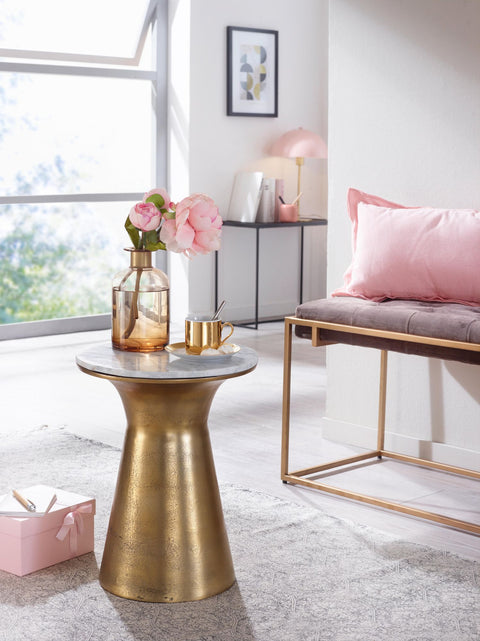 Rootz Wit Marmeren Bijzettafel - Gouden Metalen Onderstel - Ronde Kleine Salontafel - Modern Woonkamermeubilair - Hoge Salontafel - 35x35x45 cm