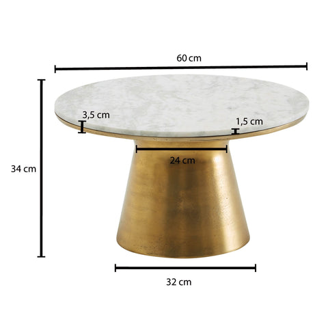 Rootz Couchtisch aus weißem Marmor – goldenes Metalldesign – runder kleiner Couchtisch – moderner Wohnzimmertisch – Beistelltisch – 60 x 60 x 34 cm 