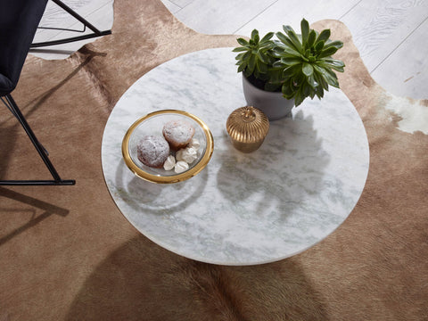 Rootz Couchtisch aus weißem Marmor – goldenes Metalldesign – runder kleiner Couchtisch – moderner Wohnzimmertisch – Beistelltisch – 60 x 60 x 34 cm 