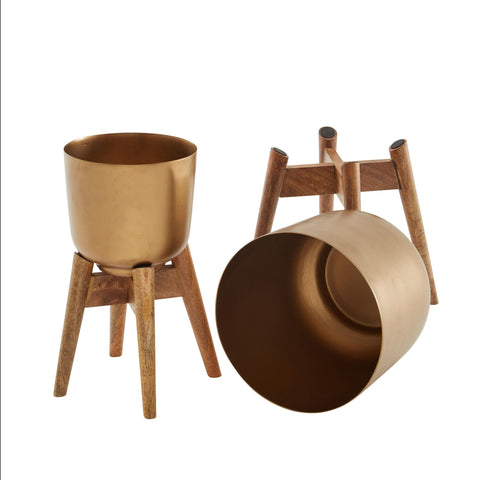 Rootz Flower Pot Set - 2 Metal and Solid Wood Planters in Gold with Feet - Design Round Planters - Stylish Flower Pot Planter