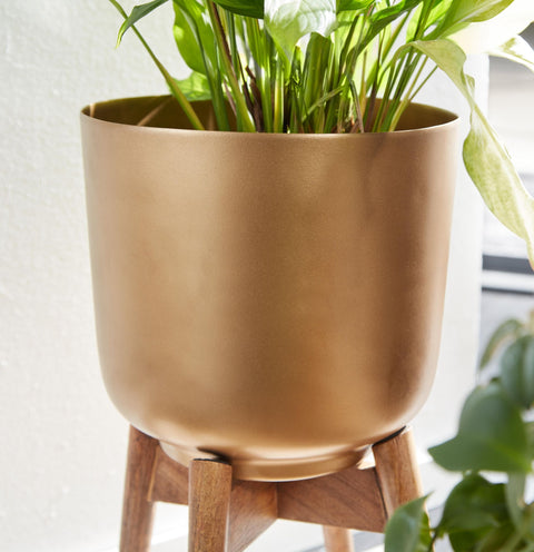 Rootz Flower Pot Set - 2 Metal and Solid Wood Planters in Gold with Feet - Design Round Planters - Stylish Flower Pot Planter