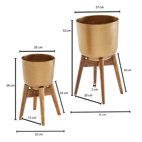 Rootz Flower Pot Set - 2 Metal and Solid Wood Planters in Gold with Feet - Design Round Planters - Stylish Flower Pot Planter