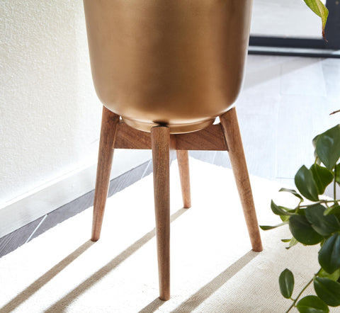 Rootz Flower Pot Set - 2 Metal and Solid Wood Planters in Gold with Feet - Design Round Planters - Stylish Flower Pot Planter